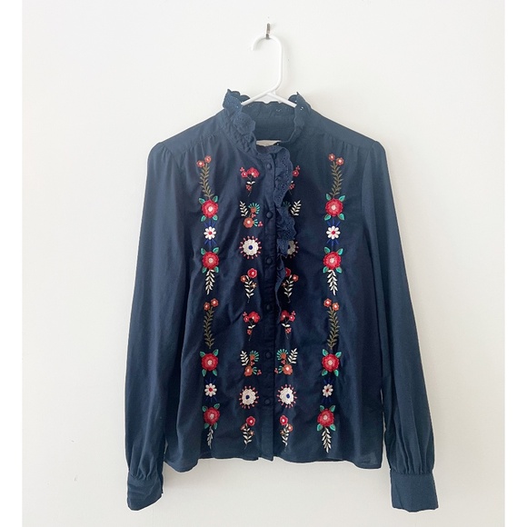 Sezane Chlo Shirt Embroidered Navy Size 38 US 6 Pink Creation - Picture 2 of 5